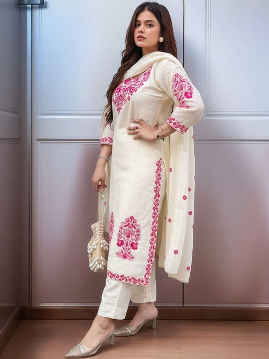 Women Ethnic Motifs Embroidered Regular Thread Work Kurta with Trousers & With Dupatta