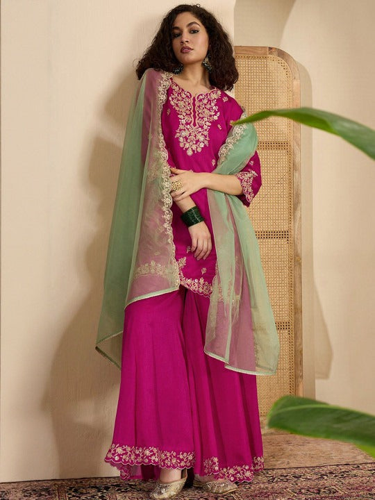 Floral Embroidered Zari And Sequinned Straight Kurta With Sharara & Dupatta