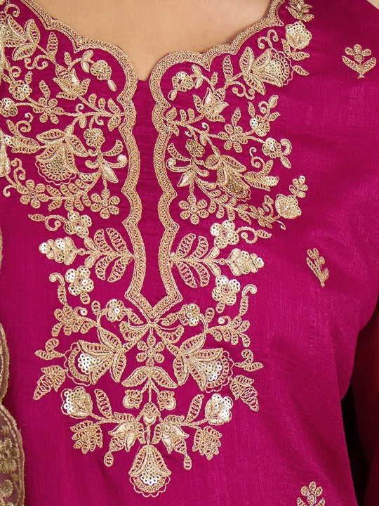 Floral Embroidered Zari And Sequinned Straight Kurta With Sharara & Dupatta