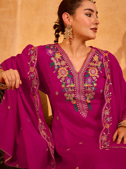 Women Floral Embroidered Regular Thread Work Kurta with Trousers & With Dupatta