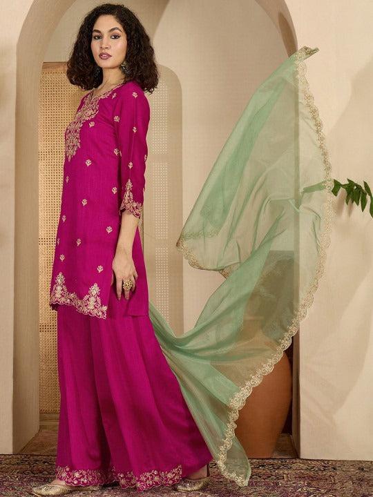 Floral Embroidered Zari And Sequinned Straight Kurta With Sharara & Dupatta