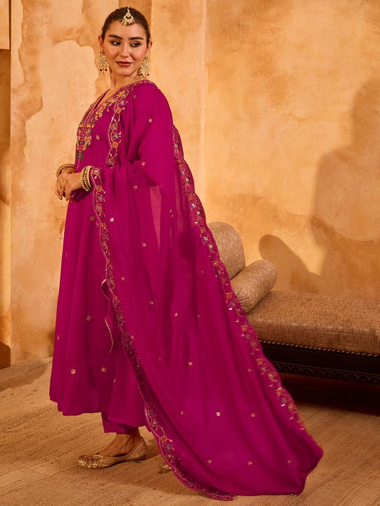 Women Floral Embroidered Regular Thread Work Kurta with Trousers & With Dupatta